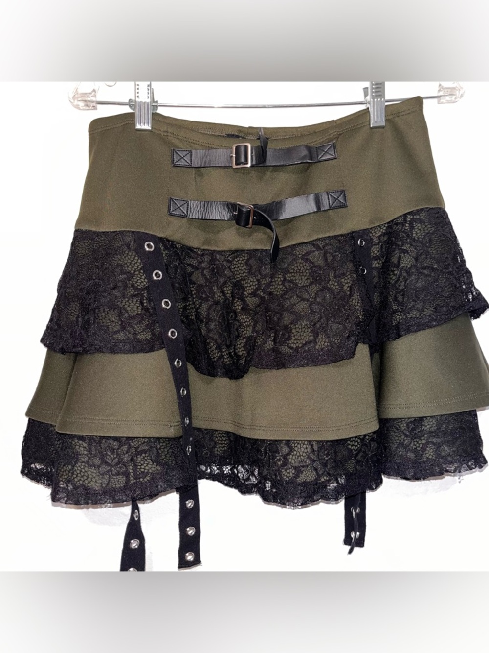 Olive Mini Skirt with Black Lace Trim and Buckle Details